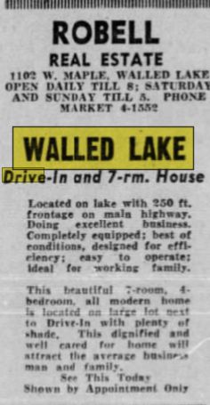 June 1953 house for sale w drive-in Walled Lake Drive-In Theatre, Walled Lake